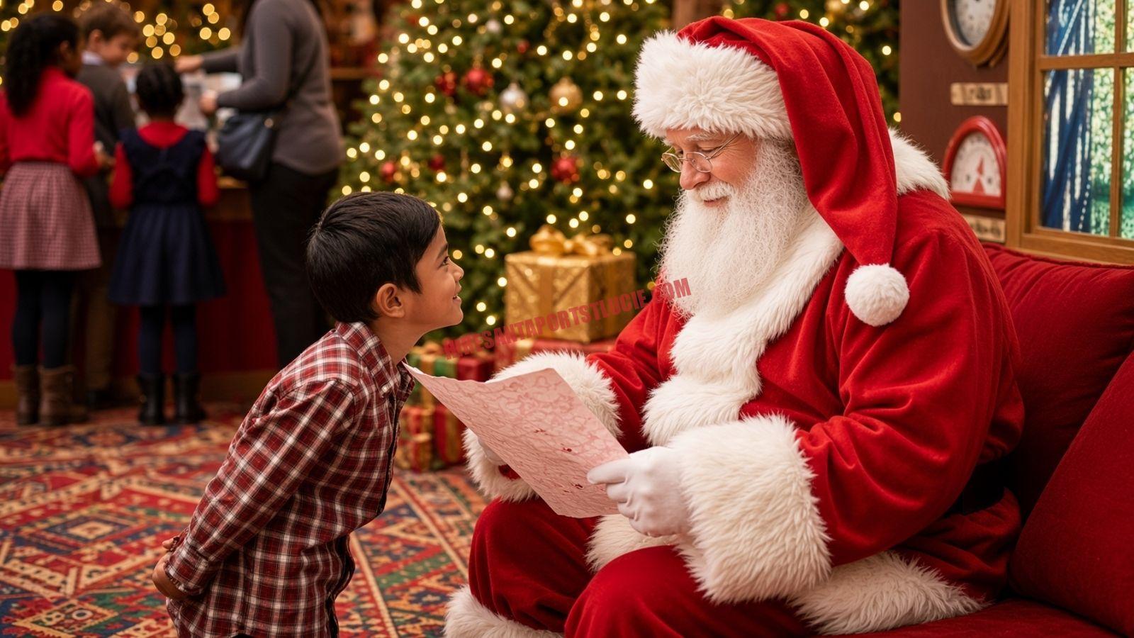Santa services in Port St. Lucie: Santa reading a letter with a child on a red sofa by the tree.